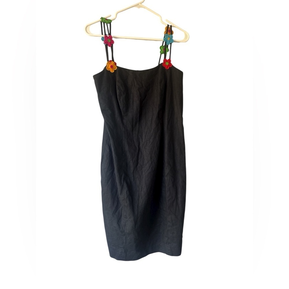 Vintage 90s floral strap Elegant Black Dress Colorful Straps cotton linen size10